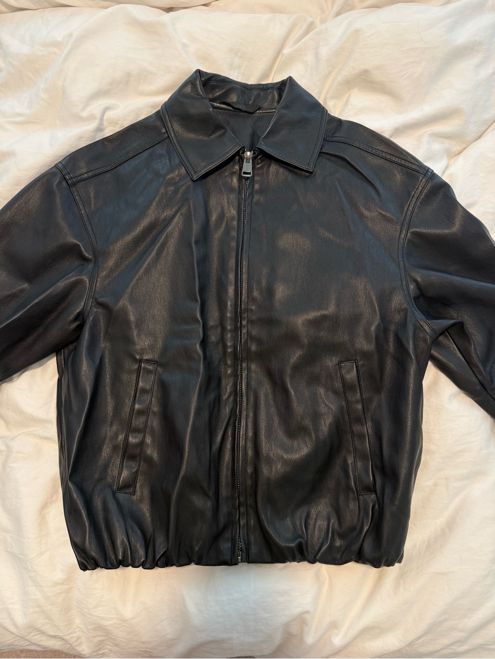 Zara Black Leather Bomber Jacket